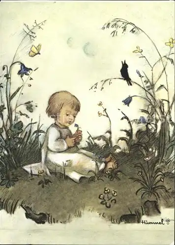 Hummel Nr. 804 Kind Blumenwiese Vogel Kat. Kuenstlerkarte