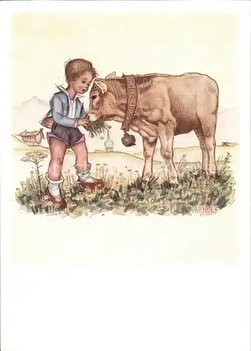 Arnulf Nr. 155 Auf der Alp Kind Kuh  Kat. Kuenstlerkarte