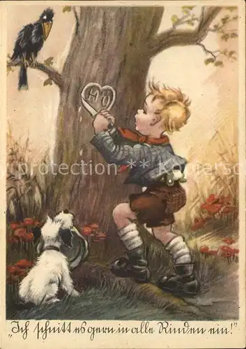 kk86607 Kinder Child Enfants Hund Rabe Baum  Kategorie. Kinder Alte Ansichtskarten