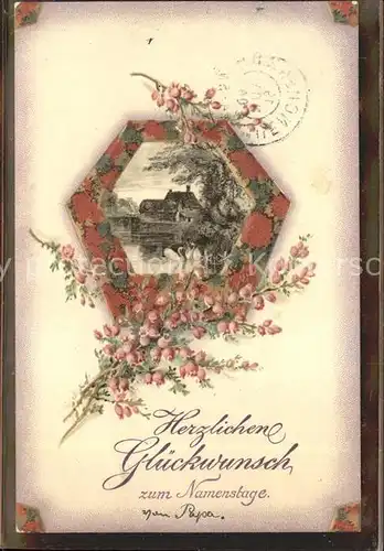 Namenstag Namenskarte Glueckwunsch Blumen Schwaene  /  /
