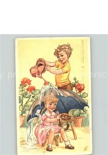 kk88895 Kinder Child Enfants Regenschirm Giesskanne Blumen  Kategorie. Kinder Alte Ansichtskarten