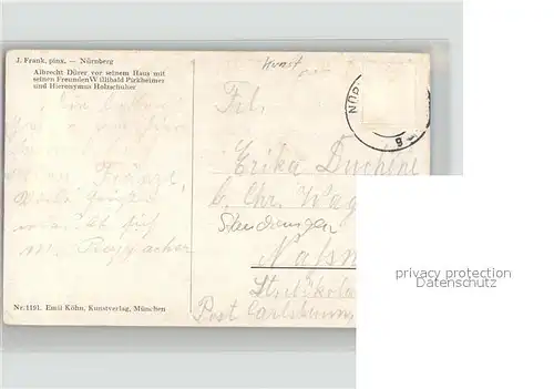 Duerer Albrecht Nuernberg J. Frank Nr. 1191 Willibald Pirkheimer Hieronymus Holzschuher Kat. Kuenstlerkarte