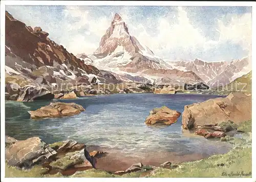 Kuenstlerkarte Kuenstlerserie Zermatt Aquarelle von Handel Mazetti Riffelsee mit Matterhorn Nr. 13 Kat. Kuenstlerkarte