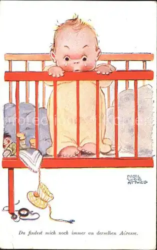 Attwell Mabel Lucie Primus Verlag Nr. 2543 Baby Kinderbett Traenen Puppe  Kat. Kuenstlerkarte