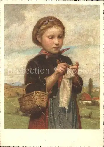Handarbeit stricken Maedchen Kuenstlerkarte Albert Anker Nr. 91 Bienfaisance  Kat. Handarbeit