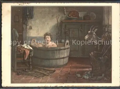 Kuenstlerkarte B. Vautier Besuch im Bade V. 32 Edition Bienfaisance Ziege  Holzwanne Kat. Kuenstlerkarte