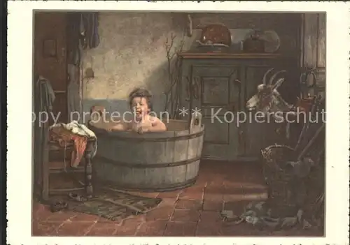 Kuenstlerkarte B. Vautier Besuch im Bade Kind Holzwanne Ziege V. 32 Edition Bienfaisance Kat. Kuenstlerkarte