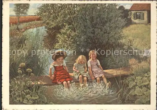 Kuenstlerkarte C. von Bergen Im Freibad  V. 32 Edition Bienfaisance Kinder Maedchen  Kat. Kuenstlerkarte