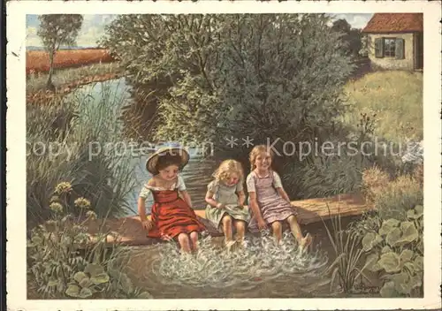 Kuenstlerkarte C. von Bergen Im Freibad V. 32 Edition Bienfaisance Kinder Maedchen  Kat. Kuenstlerkarte