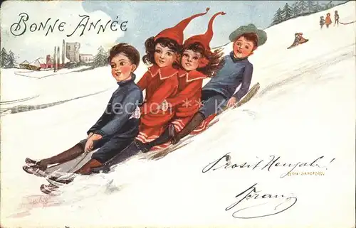 Schlitten Schnee Neujahr Kinder Kuenstlerkarte Sandford Verlag Tucks Nr. 9468 Kat. Sport