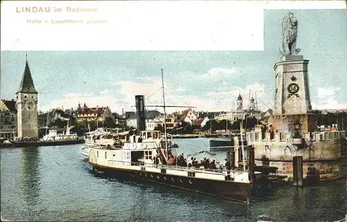 Dampfer Seitenrad Lindau im Bodensee Hafen Leuchtturm  Kat. Schiffe