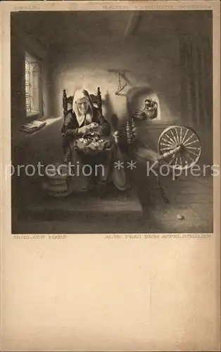 Kuenstlerkarte Nicolaes Maes Alte Frau bei aepfelschaelen Spinnrad  Kat. Kuenstlerkarte