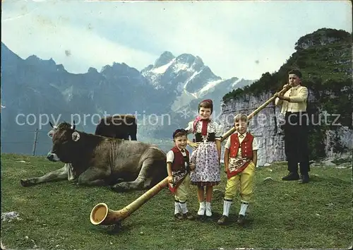 Alphorn Alphornblaeser Kuh Kinder Trachten Ebenalp  Kat. Musik