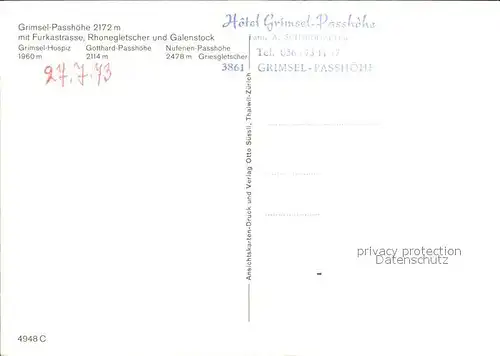 Postbus Grimsel Passhoehe Furka Grimsel Gotthard Nufenen  Kat. Post