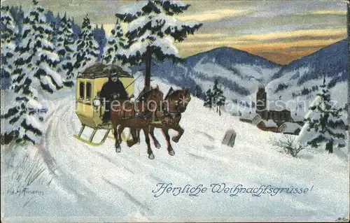 Hoffmann Ad. Serie 1753 2 Pferdeschlitten Dorf Weihnachtslandschaft Kat. Kuenstlerkarte