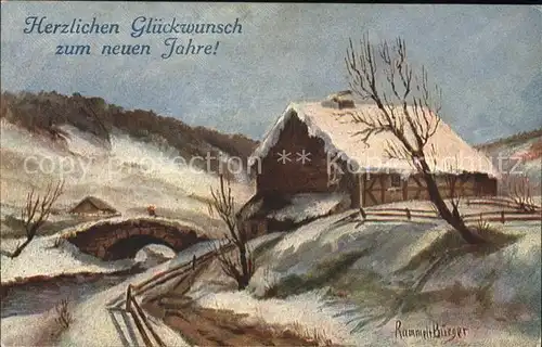 Neujahr Kuenstlerkarte Rammelt Buerger 4269 1 Haus Bruecke Winterlandschaft Kat. Greetings