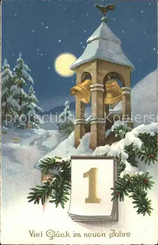 Datumskarte Neujahr Turm Glocken Tannebaeume Winterlandschaft Kat. Besonderheiten