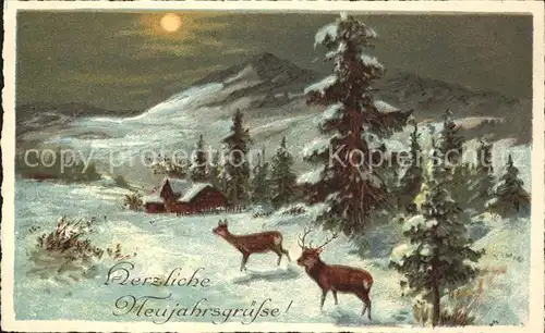 Neujahr Hirsche Baeume Winterlandschaft Kat. Greetings