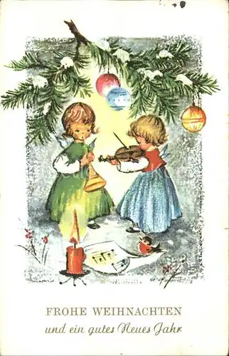 Glueckwunsch Weihnachten Neujahr Engel Geige Troete Baum Kugeln Kerze Vogel Kat. Greetings
