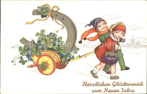Neujahr Hufeisen Zweiradwagen Blumen Kinder Kat. Greetings