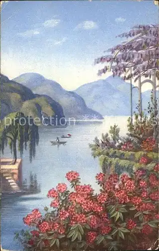Frueh W. Alpenrosen Blauregen See Boote Berge Kat. Kuenstlerkarte