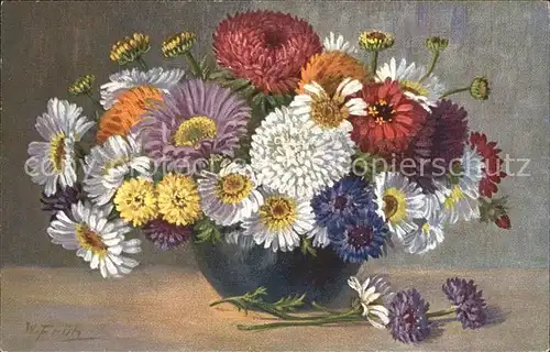 Frueh W. Dahlien Zinnien Blumen Kat. Kuenstlerkarte