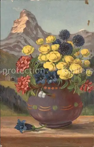 Frueh W. Alpenrosen Trollblumen Enzian Kat. Kuenstlerkarte
