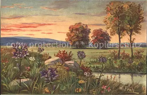 Frueh W. 598 Straussglockenblumen Fluss  Kat. Kuenstlerkarte