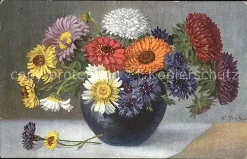 Frueh W. Kornblumen Dahlien Gerbera Kat. Kuenstlerkarte