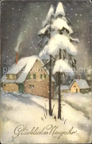 Petersen Hannes 4493 Neujahr Haeuser Schneelandschaft Kat. Kuenstlerkarte