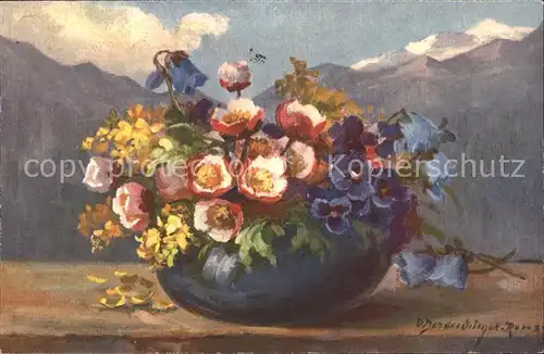 Derendinger Roux D. 184 Alpenrosen Anemonen Stiefmuetterchen Glockenblumen Kat. Kuenstlerkarte