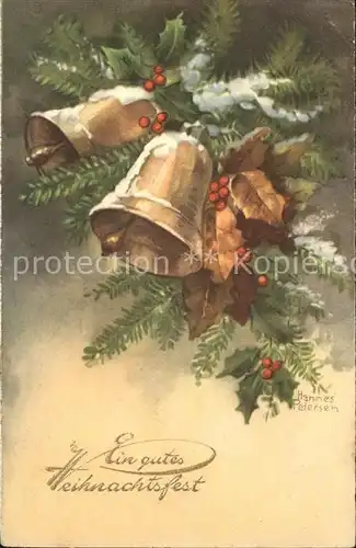 Petersen Hannes Weihnachten Glocken Stechpalmen Tannenzweige Kat. Kuenstlerkarte