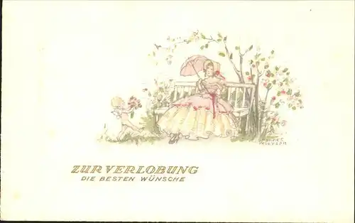 Petersen Hannes Verlobung Frau Sonnenschirm Blumen Engel Kat. Kuenstlerkarte
