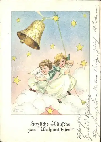 Petersen Hannes Weihnachten Glocke Engel Wolken Sterne Kat. Kuenstlerkarte