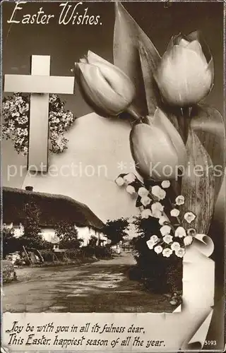 Ostern Easter Paques Tulpen Maigloeckchen Kreuz Spruch / Greetings /