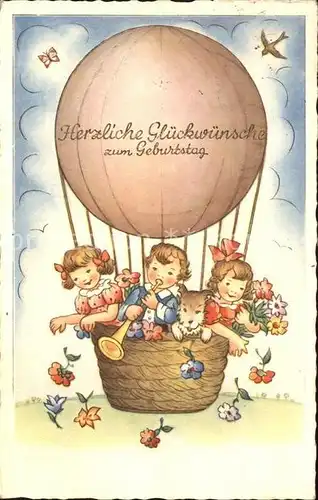 Heissluftballon Glueckwunsch Geburtstag Kinder Trompete Hund Blumen  Kat. Flug