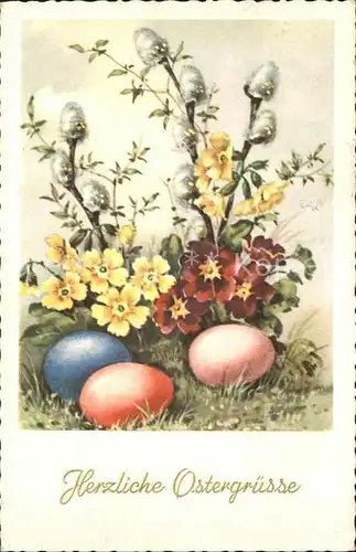 Ostern Easter Paques Schluesselblumen Weidenkaetzchen Ostereier / Greetings /