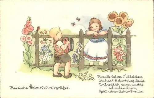 Kinder Child Enfants Geburtstag Handharmonika Gedicht Sonnenblumen Schmetterlinge Kat. Kinder