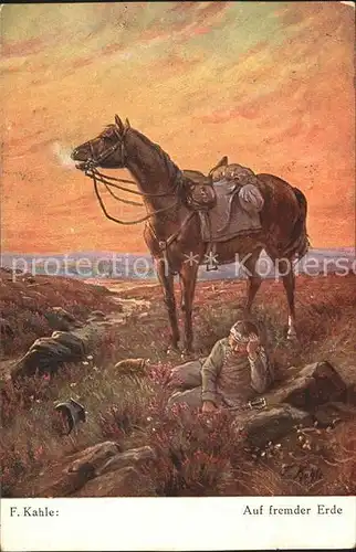 Pferde Kuenstlerkarte F. Kahle Auf fremder Erde Soldat  Kat. Tiere