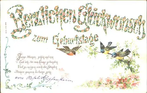 Geburtstag Voegel Gedicht Blumen Litho Kat. Greetings