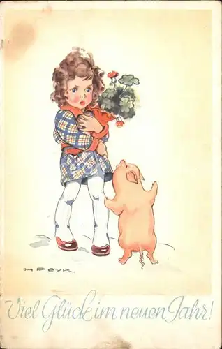 Schweine Kind Maedchen Kleeblaetter Neujahr Kuenstlerkarte H. Peyk  Kat. Tiere