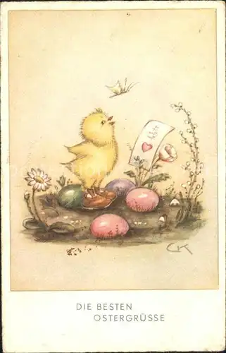 Ostern Easter Paques Kueken Ostereier Gaensebluemchen Schmetterling  / Greetings /