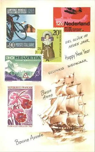 Briefmarke auf Ak Italien Niederlande Deutschland Segelschiff Neujahr  Kat. Besonderheiten