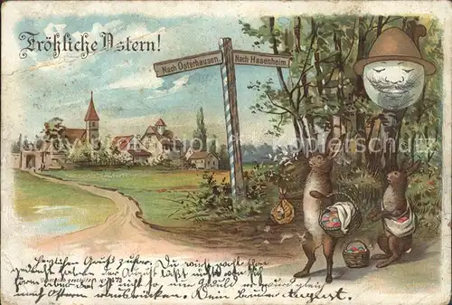 Vermenschlicht Hasen Ostern Ostereier Wegweiser Litho Kat. Kuenstlerkarte