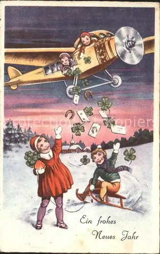 Schlitten Schnee Flugzeug Kinder Kleeblaetter Hufeisen Neujahr  Kat. Sport