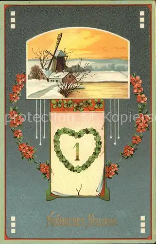 Datumskarte 1. Januar Neujahr Blumen Windmuehle Herz Kat. Besonderheiten
