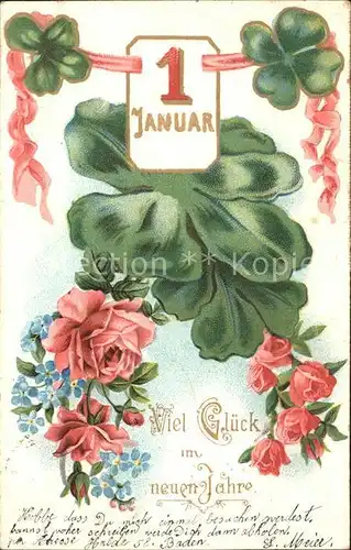 Datumskarte 1. Januar Kleeblaetter Rosen Vergissmeinnicht  Kat. Besonderheiten