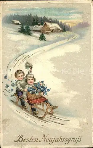 Schlitten Schnee Kinder Blumen Neujahr Litho Kat. Sport