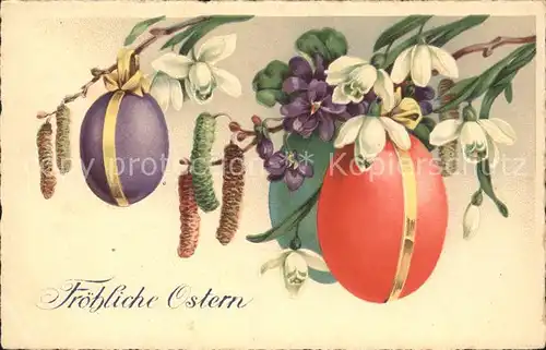 Ostern Easter Paques Ostereier Schneegloeckchen Veilchen Weidenkaetzchen Litho   / Greetings /