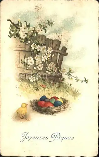 Ostern Easter Paques Kueken Ostereier Blumen Litho  / Greetings /